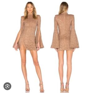 Michael Costello X Revolve NEW Brown Sequin Bell Sleeve Split Cuff Mini Dress XS